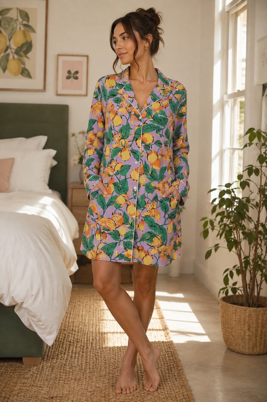 Printfresh Orange Cat & Fruit Purple Long Sleeve Pajama Rare Womens Dress 3XL